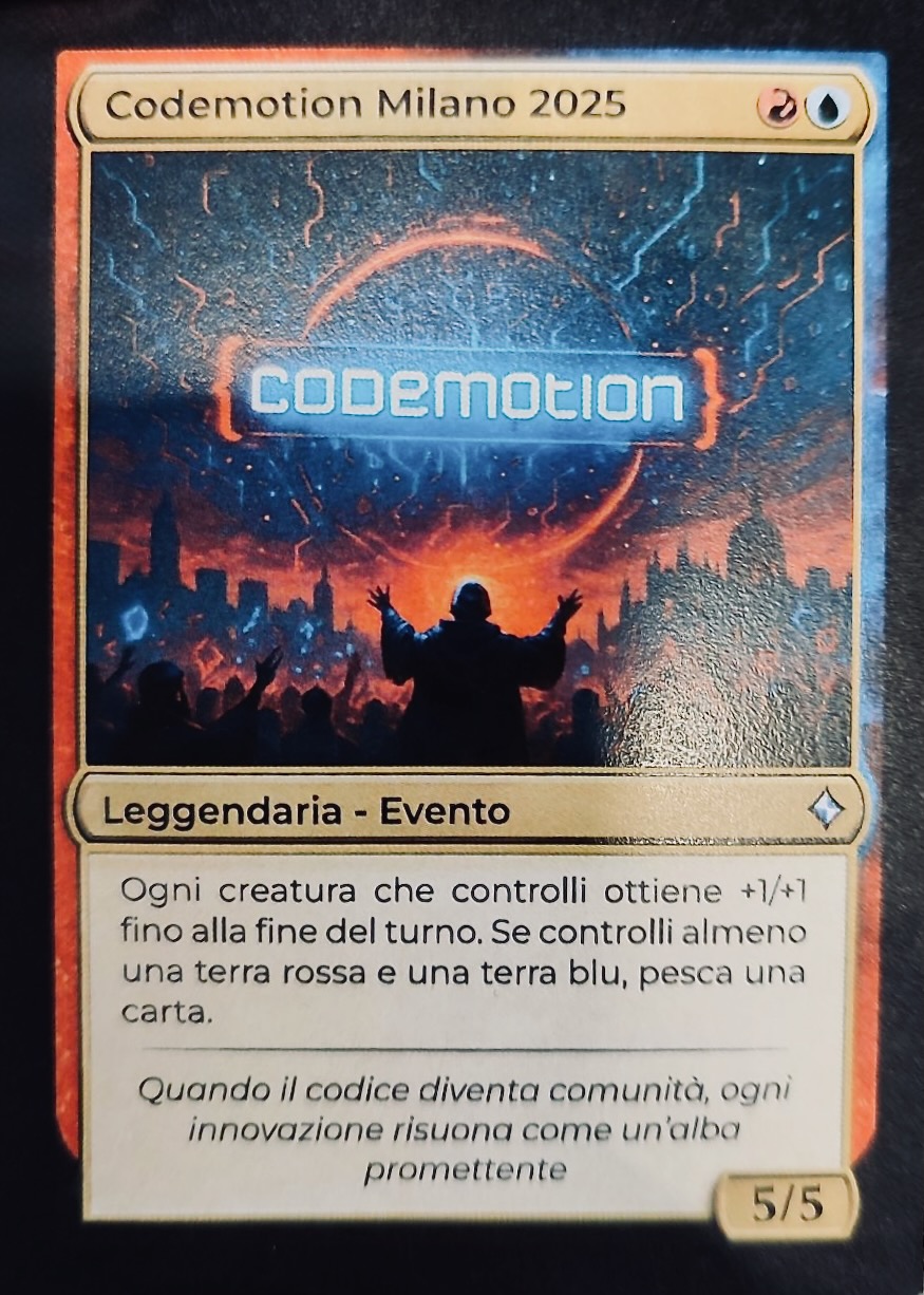 A fake Magic: The Gathering card showing the text 'Codemotion' A fake Magic: The Gathering card showing the text 'Codemotion'