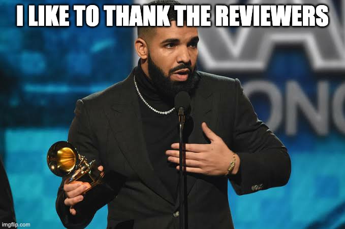 Drake accepting the Grammy Award with the caption 'I like to thank the reviewers'