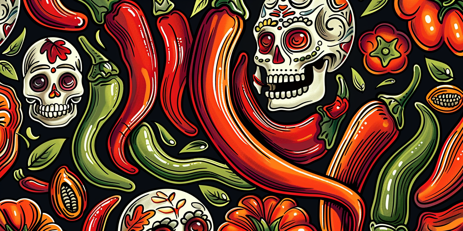 Some chili peppers ans skeletons in a mexican drawing style