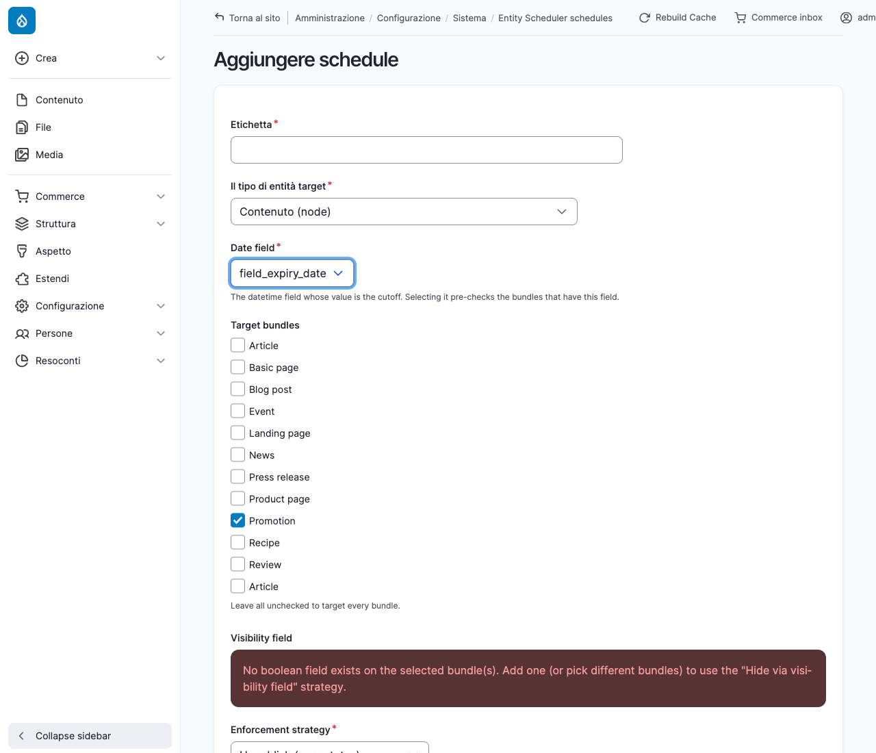 Choosing the date field pre-checks the matching bundles, and the form warns when no visibility field is available