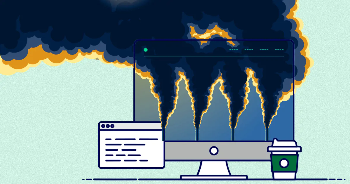 The image represents a common work station that includes a laptop and a take-away cup of coffee. From the desktop we can see some big dark clouds which represent the pollution generated by our 'Internet activity'.