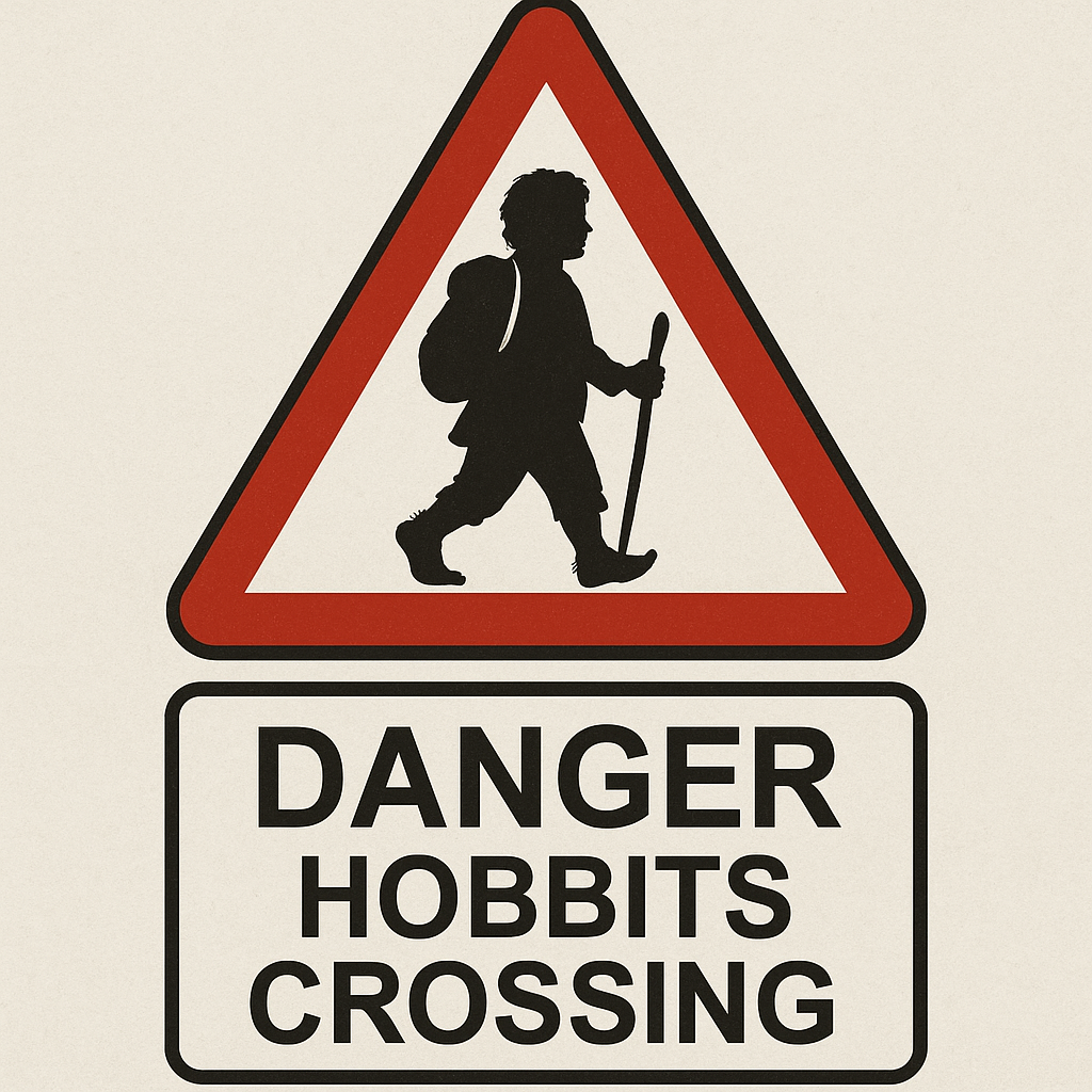 a danger road sign but inside of it is an hobbit silhouette and at the bottom the writing 'Danger hobbits crossing' a danger road sign but inside of it is an hobbit silhouette and at the bottom the writing 'Danger hobbits crossing'